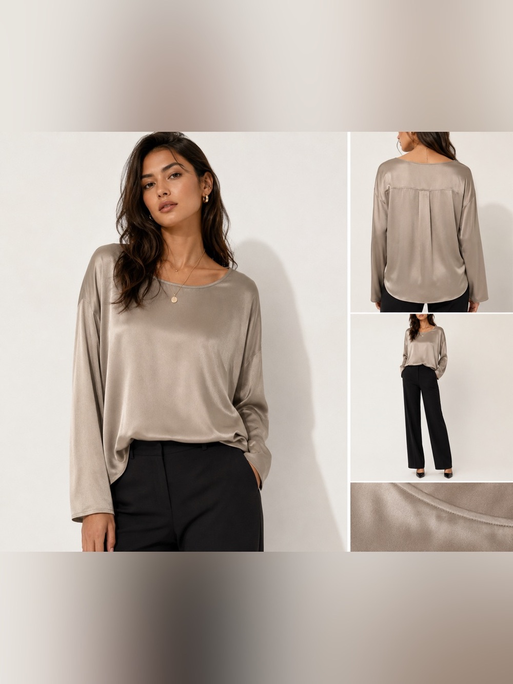 Vince 100% Silk Front Mixed Media Long Sleeve Blouse Taupe Beige Size Medium